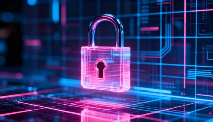 Digital cyber grid with glowing holographic padlock in pink and blue neon, futuristic cyber security background