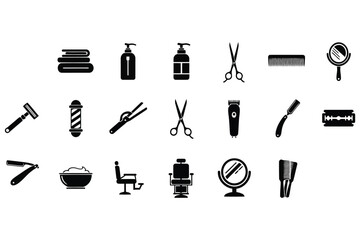 Vector art of collection of barber shop equipment featuring essential tools and accessories for grooming, shaving, and hairstyling, representing the barbering profession