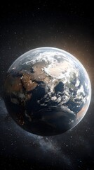 Naklejka premium Stunning view of Earth from space, showcasing continents, oceans, and city lights against a starry background, ideal for global concepts