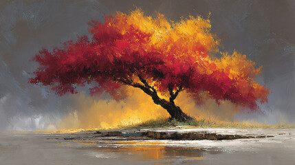   Tree with red and yellow leaves in the foreground and water in front, gray sky in back