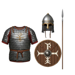 Ancient roman soldier armor helmet shield and spear isolated on transparent background
