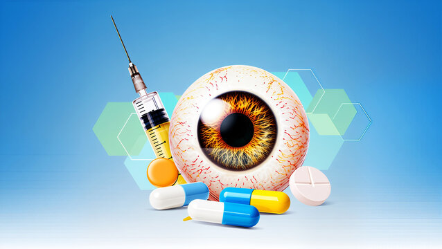 Medical eye treatment with syringe and pills injection