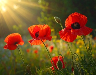 Vibrant red poppies bathed in golden sunlight, standing tall in a meadow of wildflowers.