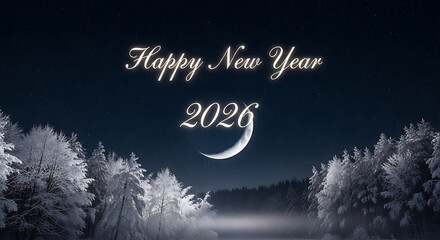 Winter night sky welcomes the new year with a crescent moon and snowy trees