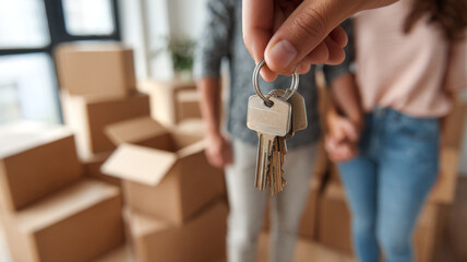 Hand holding keys with couple and moving boxes in background symbolizing new home ownership and relocation