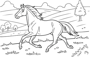 Cartoon Horse Galloping Freely in a Black and White Landscape