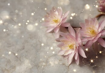 Delicate pink water lilies rest on a light gray stone surface, adorned with sparkling fairy lights, creating a serene and enchanting scene.