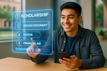 Student engaging with scholarship application process university campus digital interaction indoor environment close-up view educational opportunities