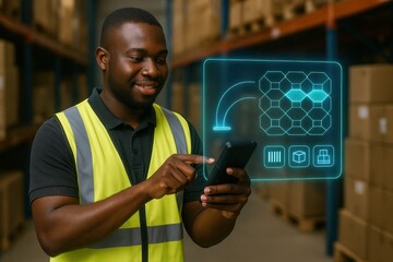 Enhancing warehouse efficiency through mobile technology professional in safety gear analyzing inventory data industrial storage environment digital innovations