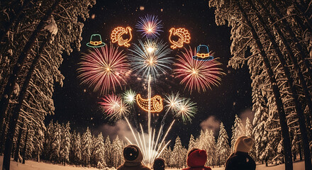 Joyful winter night with festive fireworks celebrating holiday spirit amidst snow-covered trees.
