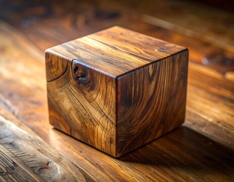 A rich, warm-toned wooden cube sits on a rustic wooden surface, showcasing intricate wood grain patterns.