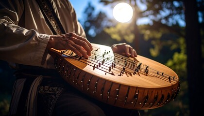 Playing Wooden Stringed Instrument in Nature with Sun Flare