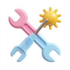 Obraz premium Crossed wrenches and a sun icon with a screwdriver tool