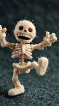 Playful skeleton puppet engages in lively dance performance on textured background
