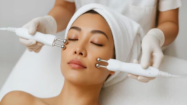 Microcurrent facial therapy. Treatment provided on relaxed Asian woman in beauty spa. AI Generative
