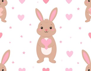 Obraz premium A repeating pattern of adorable, light brown bunnies holding pink hearts, set against a white background with scattered stars.