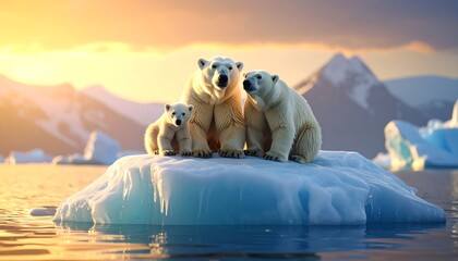 Polar Bear Family Sitting on Iceberg at Sunset in Arctic Landscape