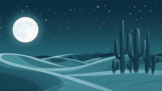 Desert landscape with cactus and full Moon at night in Arizona