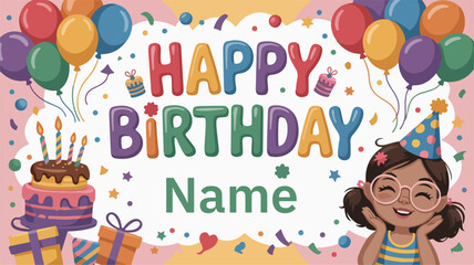 A vibrant and cheerful birthday wish design featuring colorful balloons, confetti, and festive typography. The composition creates a joyful and celebratory mood.
