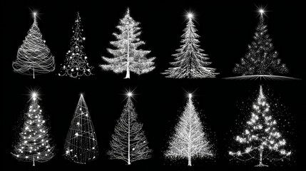 Obraz premium Christmas Tree Silhouette in Black and White Vector Set with Fes
