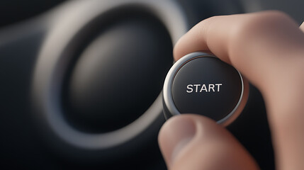 Finger presses start button of a vehicle dashboard, symbolizing beginnings, technology, and automotive control. Modern design, close-up view.