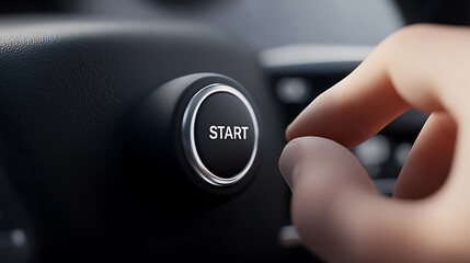 Finger pressing a 'START' button on a dark panel, initiating a process with a modern, clean interface in a technologically advanced setting.
