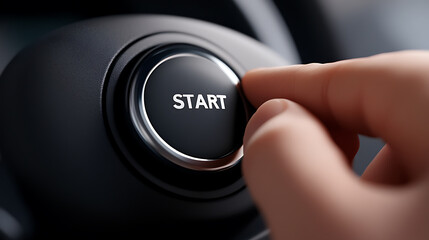 Pushing the start button. The finger gently presses the start button to activate the electronic system, indicating the beginning of a new process.