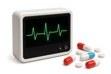 Heart monitor displaying ecg with medical pills for treatment