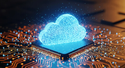 Digital cloud computing symbol on circuit board representing technology and data storage