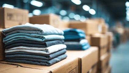 Colorful stacks of neatly folded t-shirts in cardboard boxes create an organized warehouse setting. The blue, grey, and white hues convey a sense of calm and professionalism.