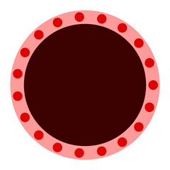 Abstract geometric design featuring a circle, pink border, and repeating red dots.