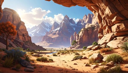 Vast desert canyon landscape viewed through a natural rock arch, showcasing towering red cliffs and distant snow-capped mountains.