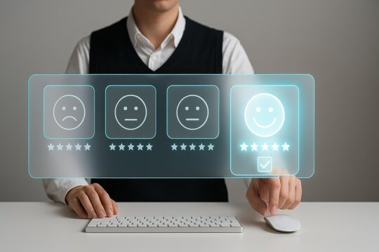 Businessman pressing glowing happy face on futuristic customer feedback rating interface with stars for review and satisfaction evaluation
