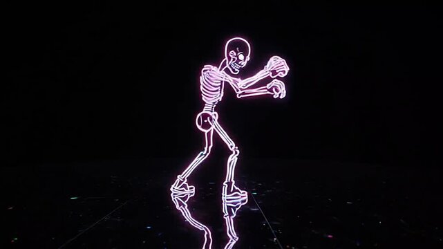 Neon skeleton dances on a reflective surface at night