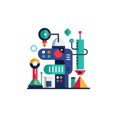 Abstract Machine Illustration with Geometric Shapes and Vibrant Colors on White Background