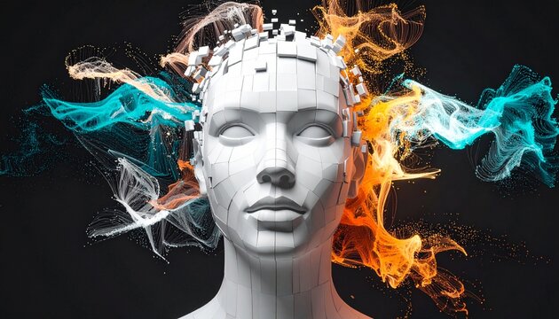 A stylized female head, digitally rendered with a fragmented, pixelated crown, surrounded by swirling orange and blue energy emanating from the sides. - Powered by Adobe