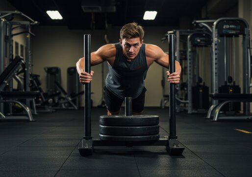 Man pushing a weight sled in a gym