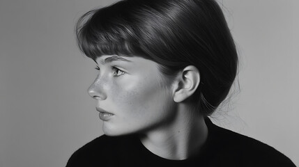 Monochrome Beauty: Profile of a young woman with freckles, captured in a studio with soft lighting, highlighting delicate features and natural charm.
