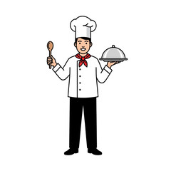Chef holding a wooden spoon and a covered dish.
