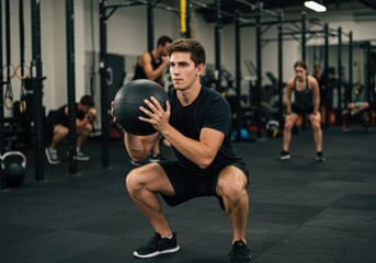 Man doing squats with a medicine ball in a gym setting during a workout session.