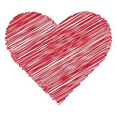 Stylized red heart made of freehand scribbled lines against a stark black background.