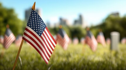 American cemetery with flags on gravestones symbolizing Memorial Day and national pride.