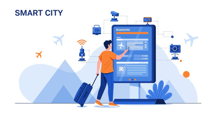 Smart city airport terminal with traveler using digital boarding pass technology