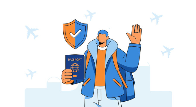 Secure international travel concept featuring person with passport and travel insurance