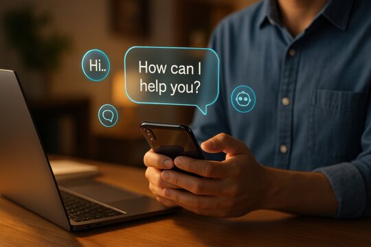 Man using smartphone with glowing chatbot messages and digital assistant icons representing online help and customer support service
 - Powered by Adobe