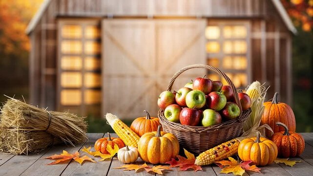 Autumn harvest scene with pumpkins and apples on wooden table  