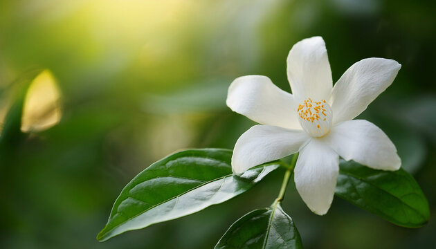 Close Up White Bloom Jasminum Sambac In Green Nature Background