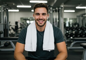Smiling man with a towel around his neck at the gym