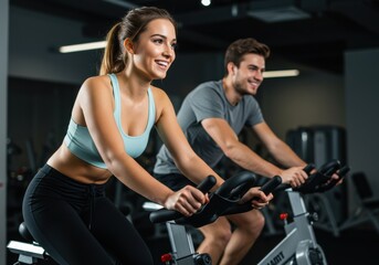 Happy couple working out on stationary bikes in a modern gym setting.