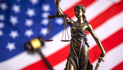 Symbol of American Justice Lady Justice with Scales and Gavel Against the United States Flag, Representing the Nation's Legal System and Upholding the Rule of Law